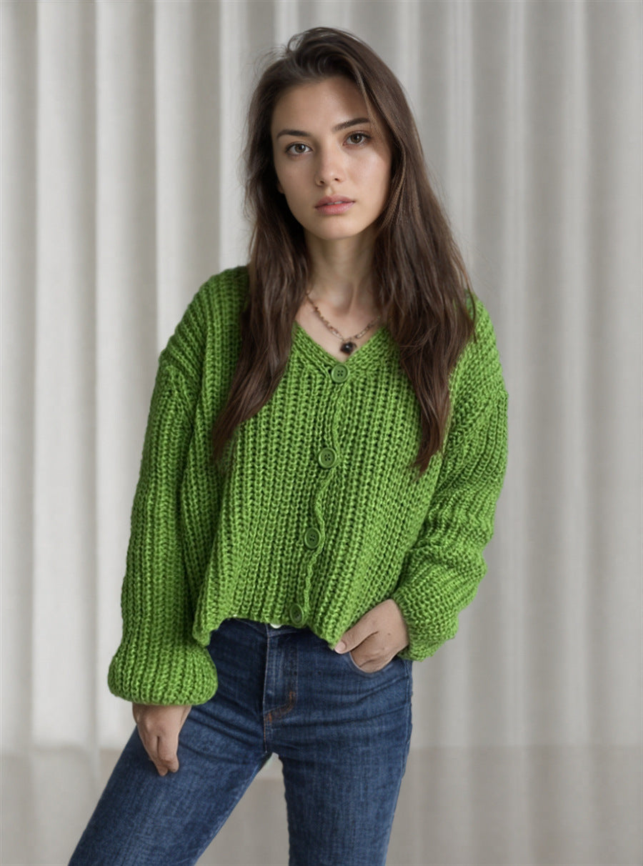 Kvinders cropped cardigan med chunky strikstruktur og store knapper Stilla