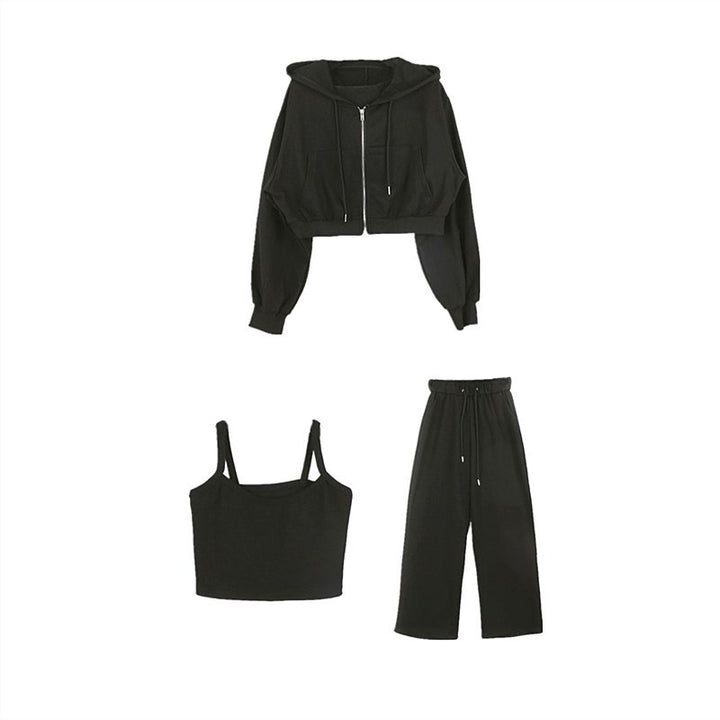 Kvinders fashionable tre-delt sæt med cropped hoodie, tank top og brede bukser Stilla