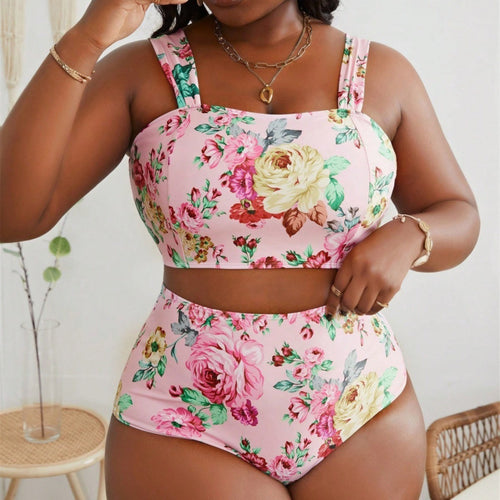 Dame bikini-sæt med blomstercrop-top og høj talje-snit Skovae