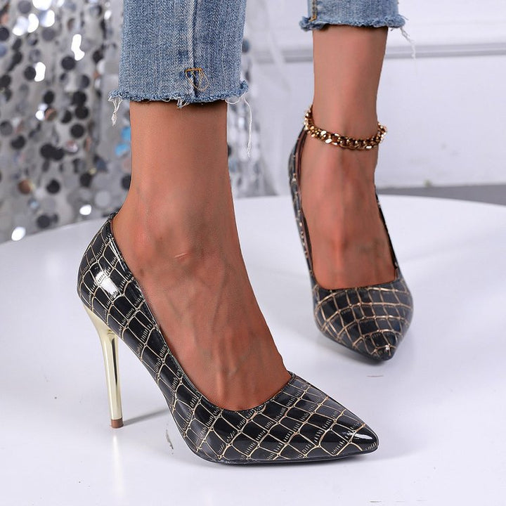 Dame Elegante High Heel Pumps med skinnende Krokodille-design og markant hæl Stilla