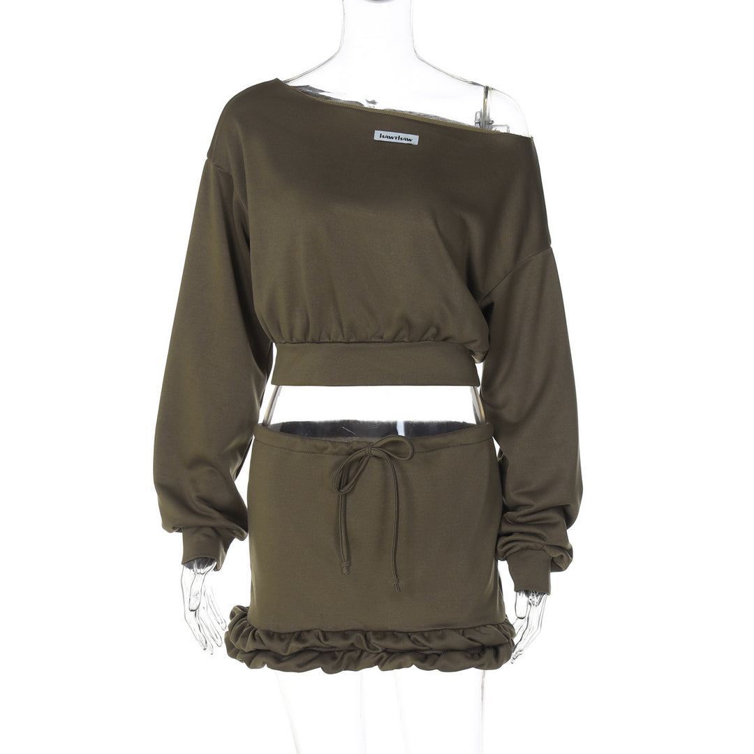 Dame Casual Sweatshirt og Kort Nederdel Sæt med Rynket Kant og Asymmetrisk Design Stilla