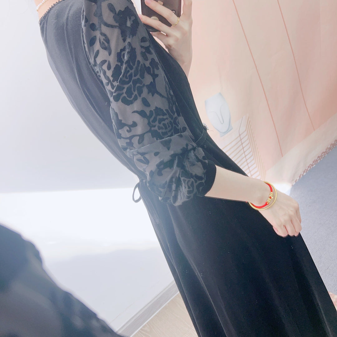 Dame A-linje Samt kjole med elegante puffærmer og dekoration Stilla