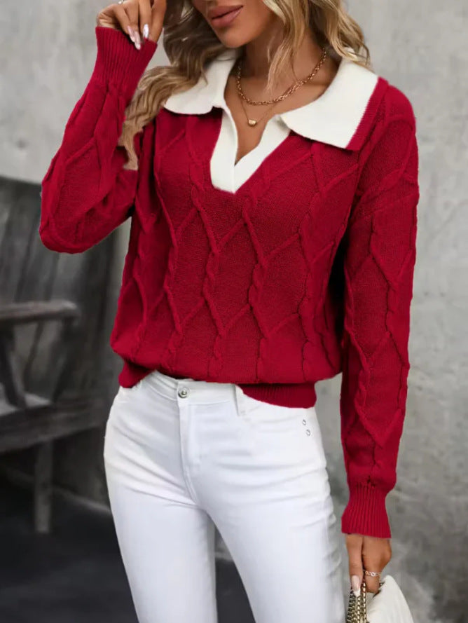 Kvinders strikkede pullover med klassisk polo krave og diamant tekstur Stilla