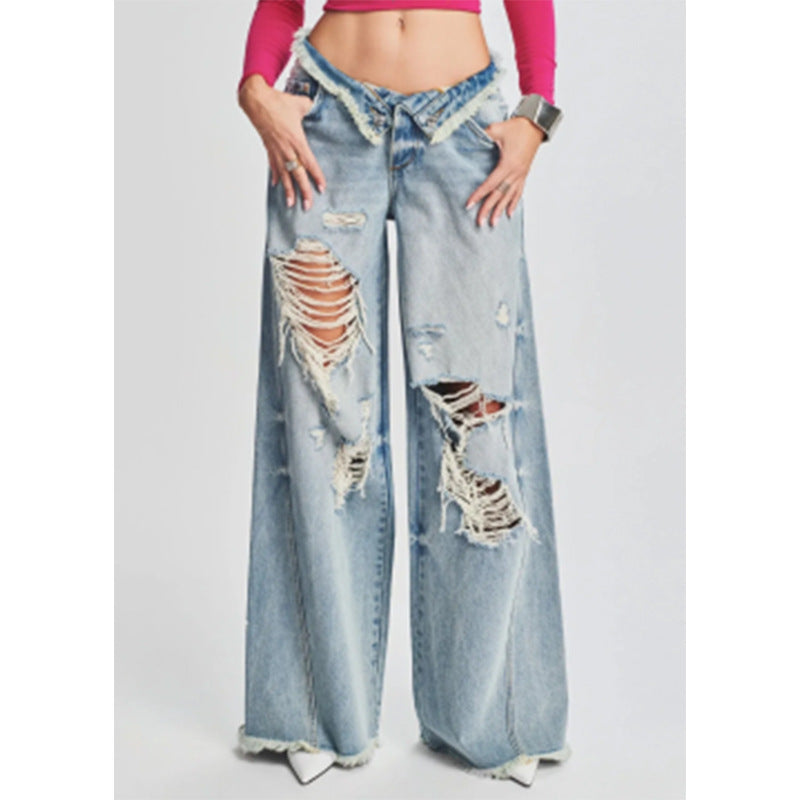 Dame Destroyed Wide-Leg Jeans med høj talje og iøjnefaldende Ripped-detaljer Stilla