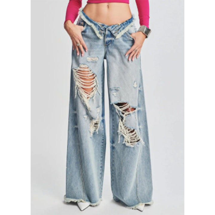 Dame Destroyed Wide-Leg Jeans med høj talje og iøjnefaldende Ripped-detaljer Stilla
