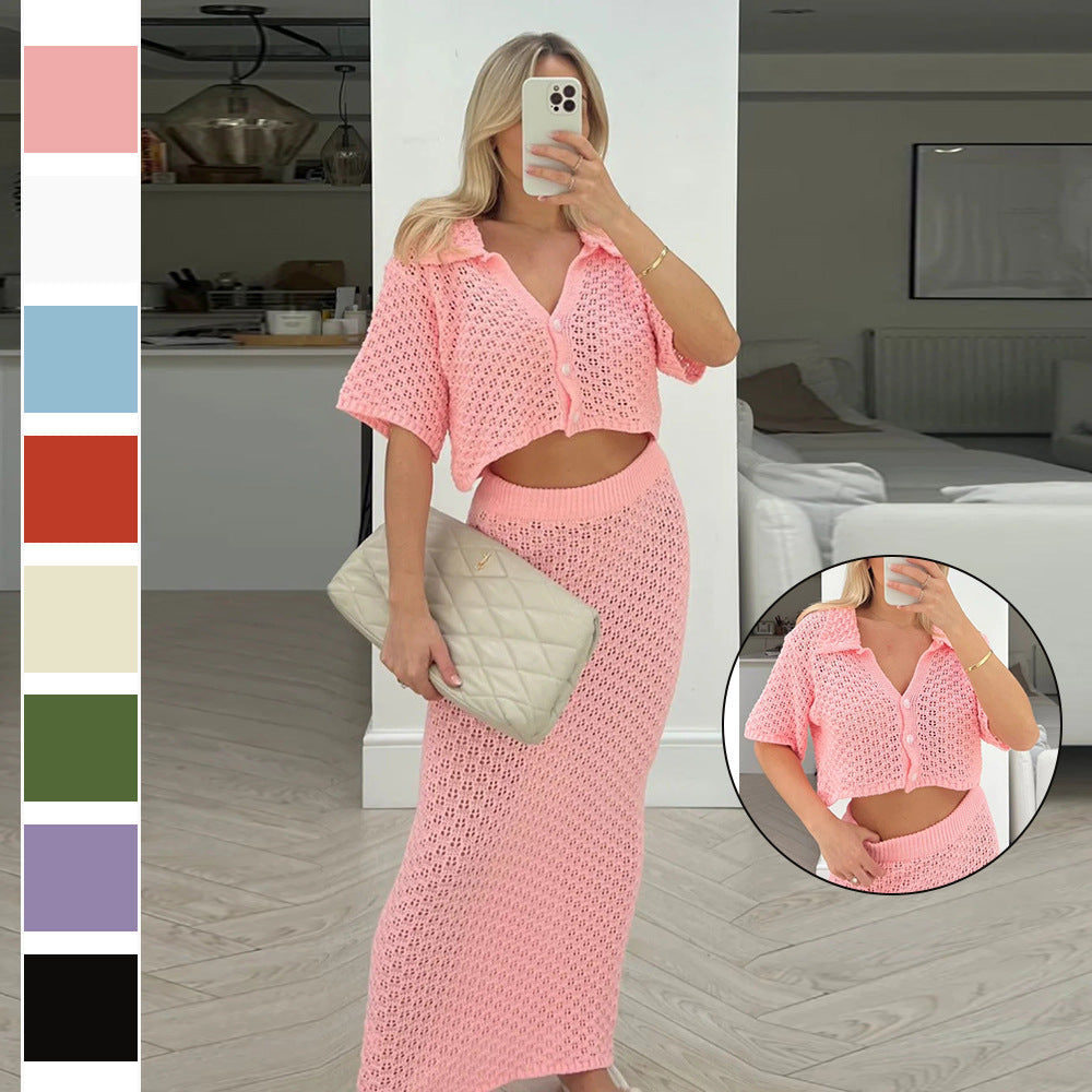 Dame Lækkert Strik Sæt med elegant Crop-Top og Maxiskørt Stilla