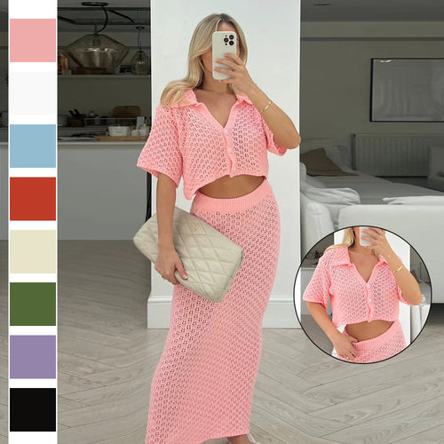 Dame Lækkert Strik Sæt med elegant Crop-Top og Maxiskørt Stilla