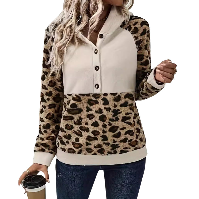 Kvinde Stilfulde Leopardmønster Knap-Up Hoodie Stilla