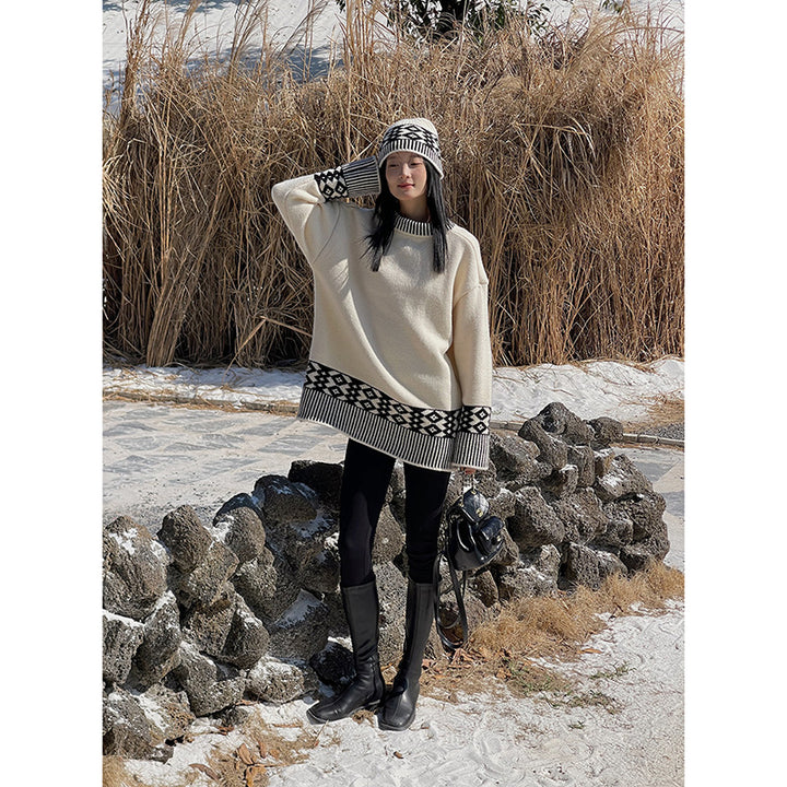 Dame Oversized Strikpullover med geometrisk mønster og høj krave Stilla