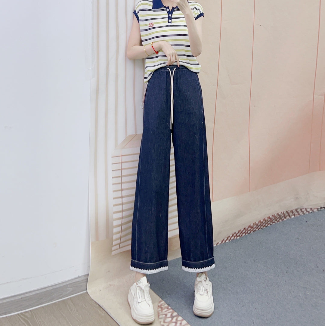 Dame Bred Denim Bukser med elastisk Talje og Dekorativ Bund Stilla