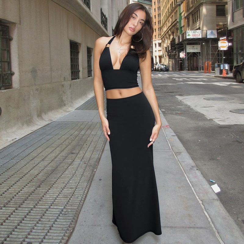 Dame Elegant To-delt Sæt bestående af Crop-top og Maxiskørt Skovae
