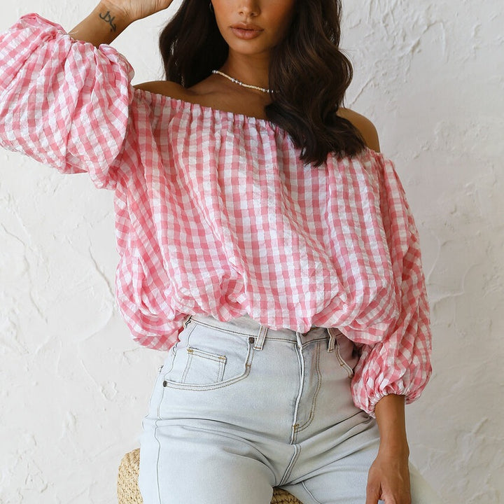 Dame Off-Shoulder Gingham Bluse med Puffærmer Stilla
