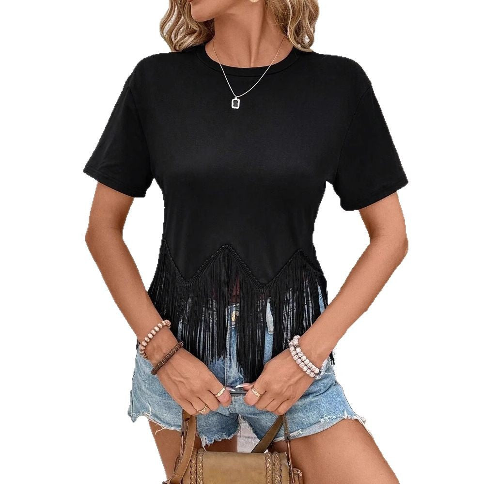 Dame T-shirt med frynse design og rund halsudskæring Stilla