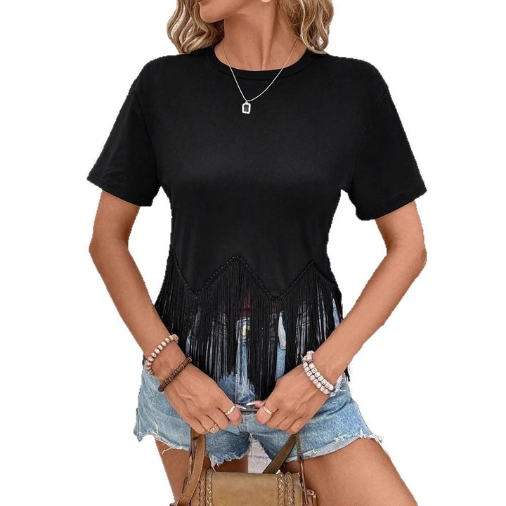 Dame T-shirt med frynse design og rund halsudskæring Stilla