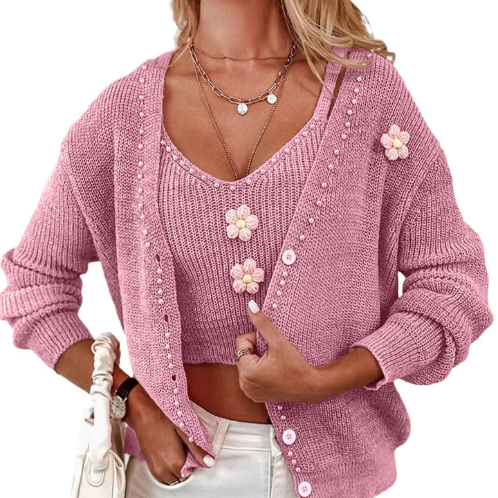 Dame moderigtig strikcardigan med florale applikationer og perle detaljer Stilla