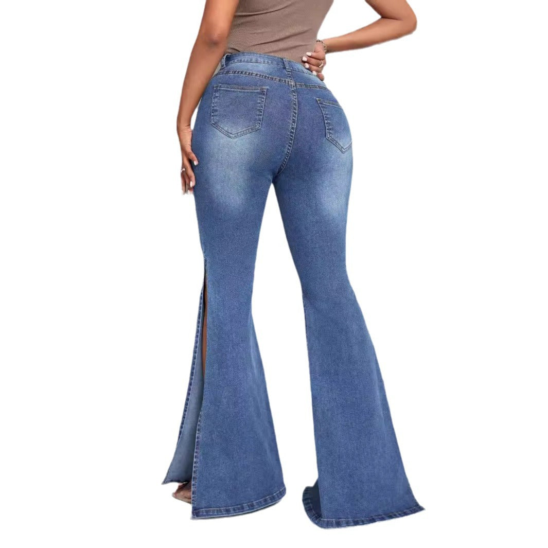 Kvindernes elegante høj talje brede jeans med sideslids Stilla