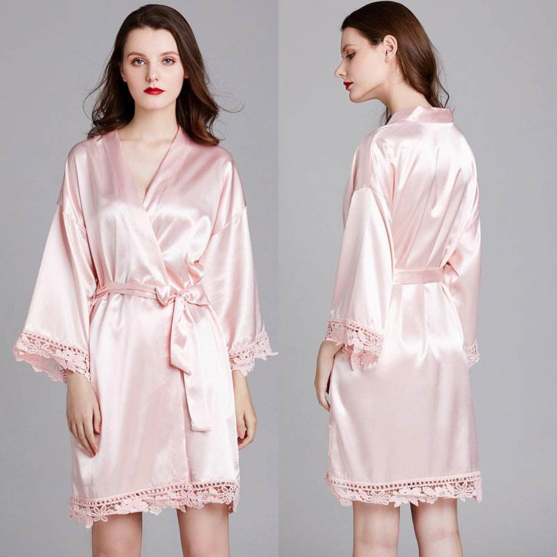 Dame luksus Satin Kimono Morgenkåbe med fine spids detaljer Stilla