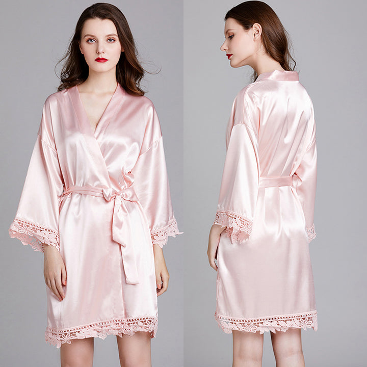 Dame luksus Satin Kimono Morgenkåbe med fine spids detaljer Stilla