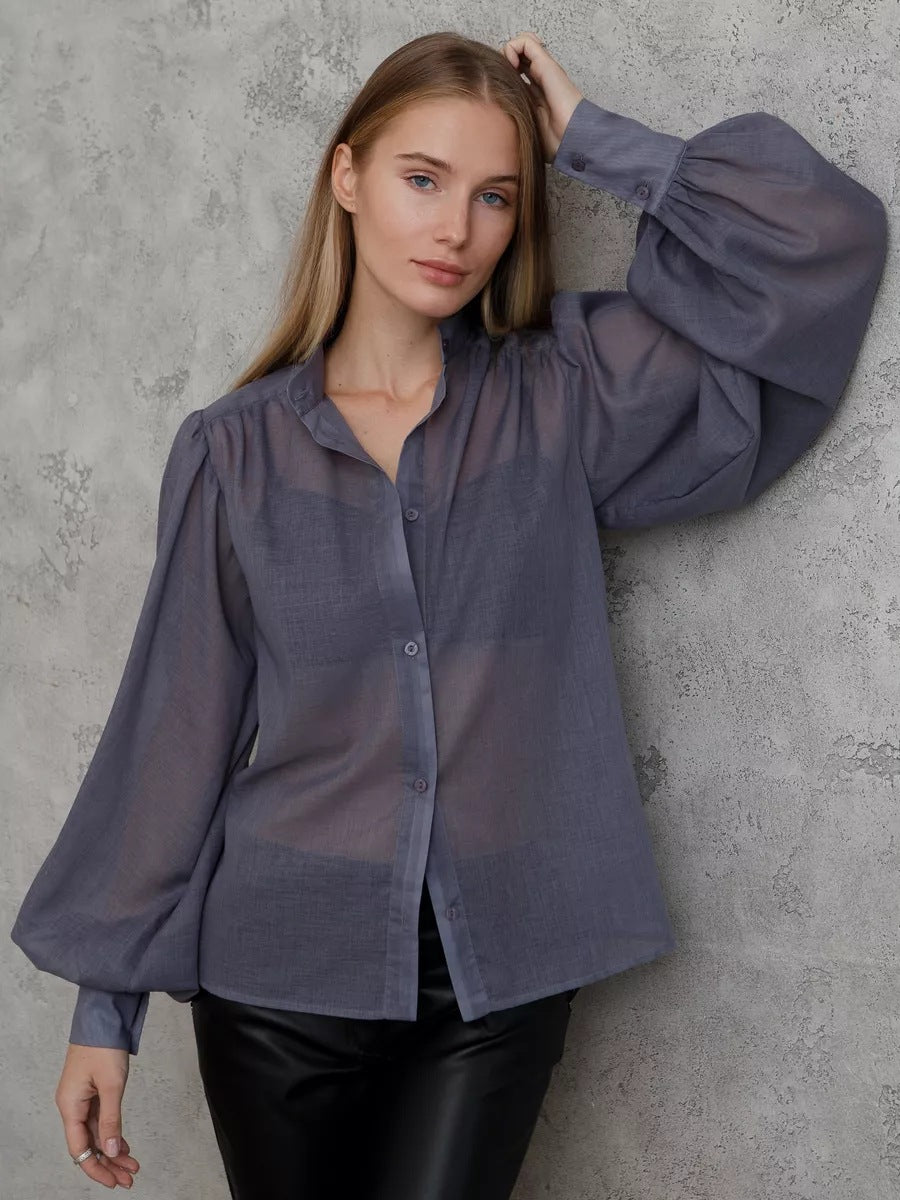 Damer Elegant Bluse med voluminøse Puffærmer og gennemsigtigt Stof Stilla