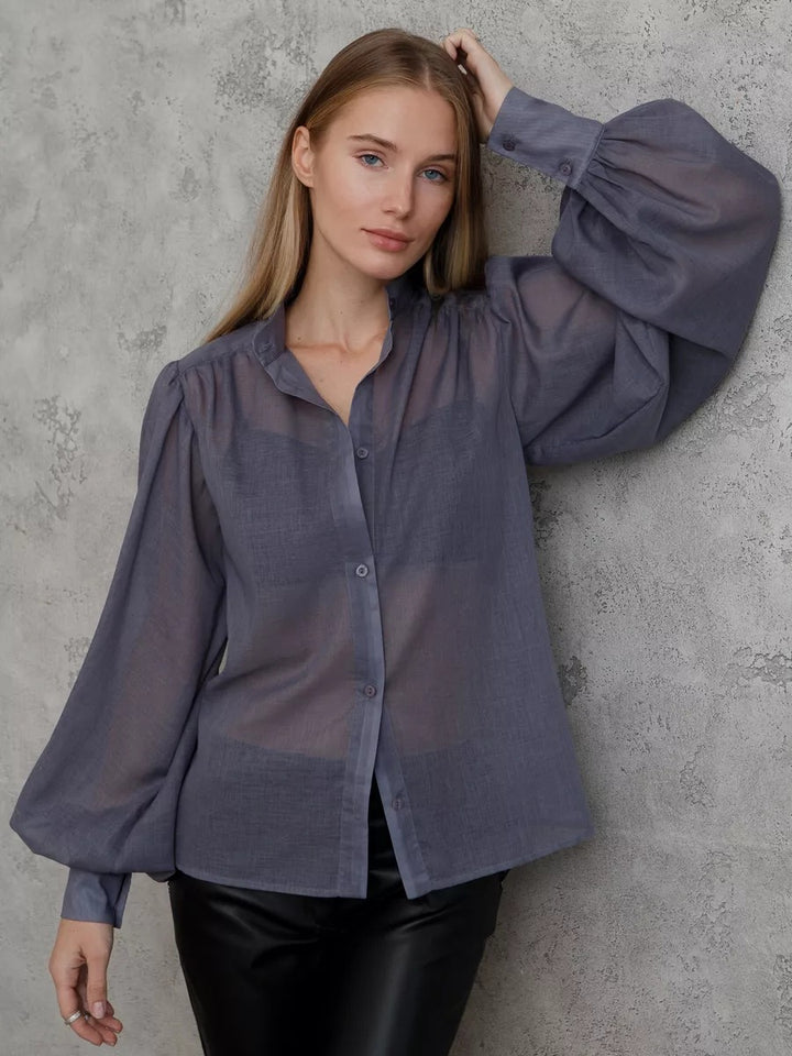 Damer Elegant Bluse med voluminøse Puffærmer og gennemsigtigt Stof Stilla