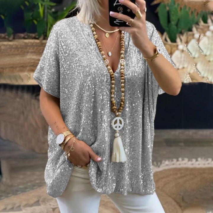 Dame Glitrende Oversized-T-Shirt med V-Udskæring Stilla
