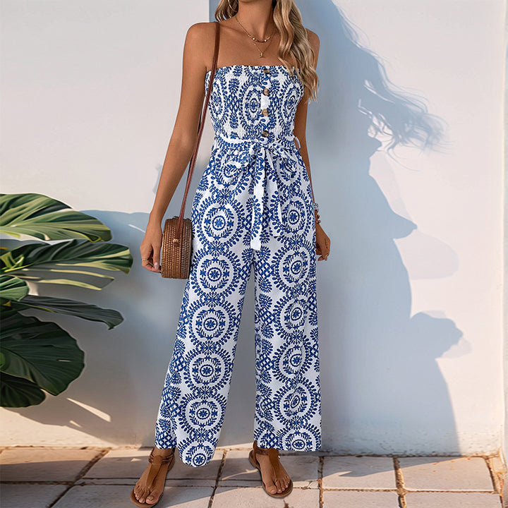 Dame strapless jumpsuit med bred ben og blomsterprint Stilla
