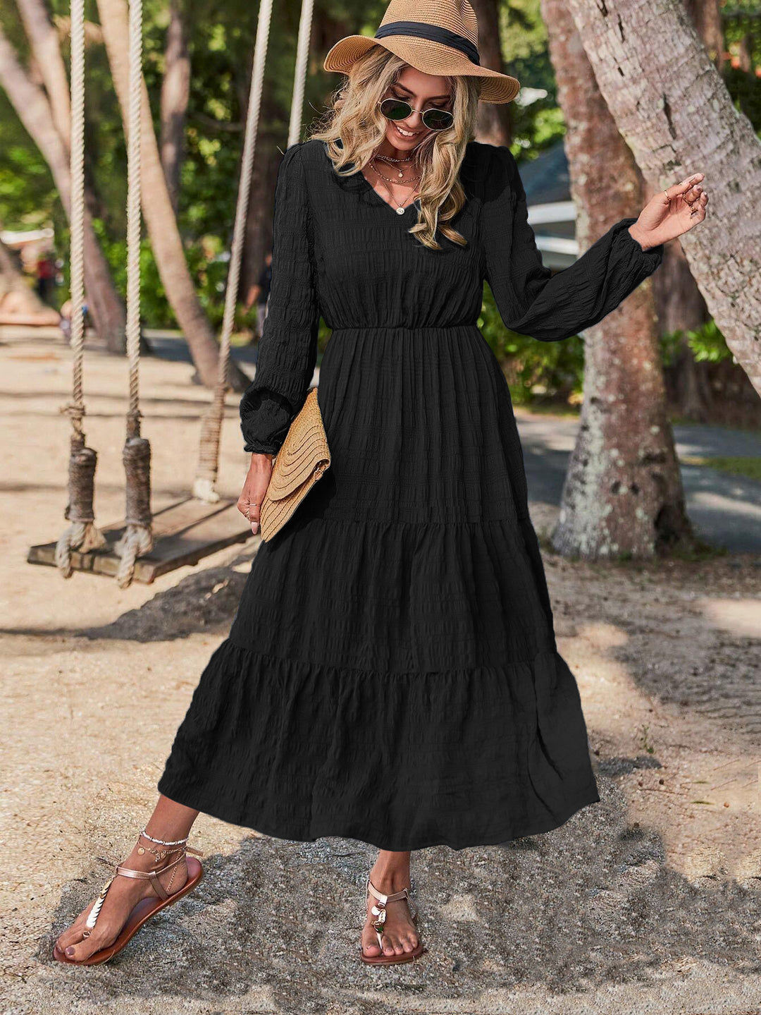Dame elegant Maxi-kjole med V-udskæring og flæser Stilla