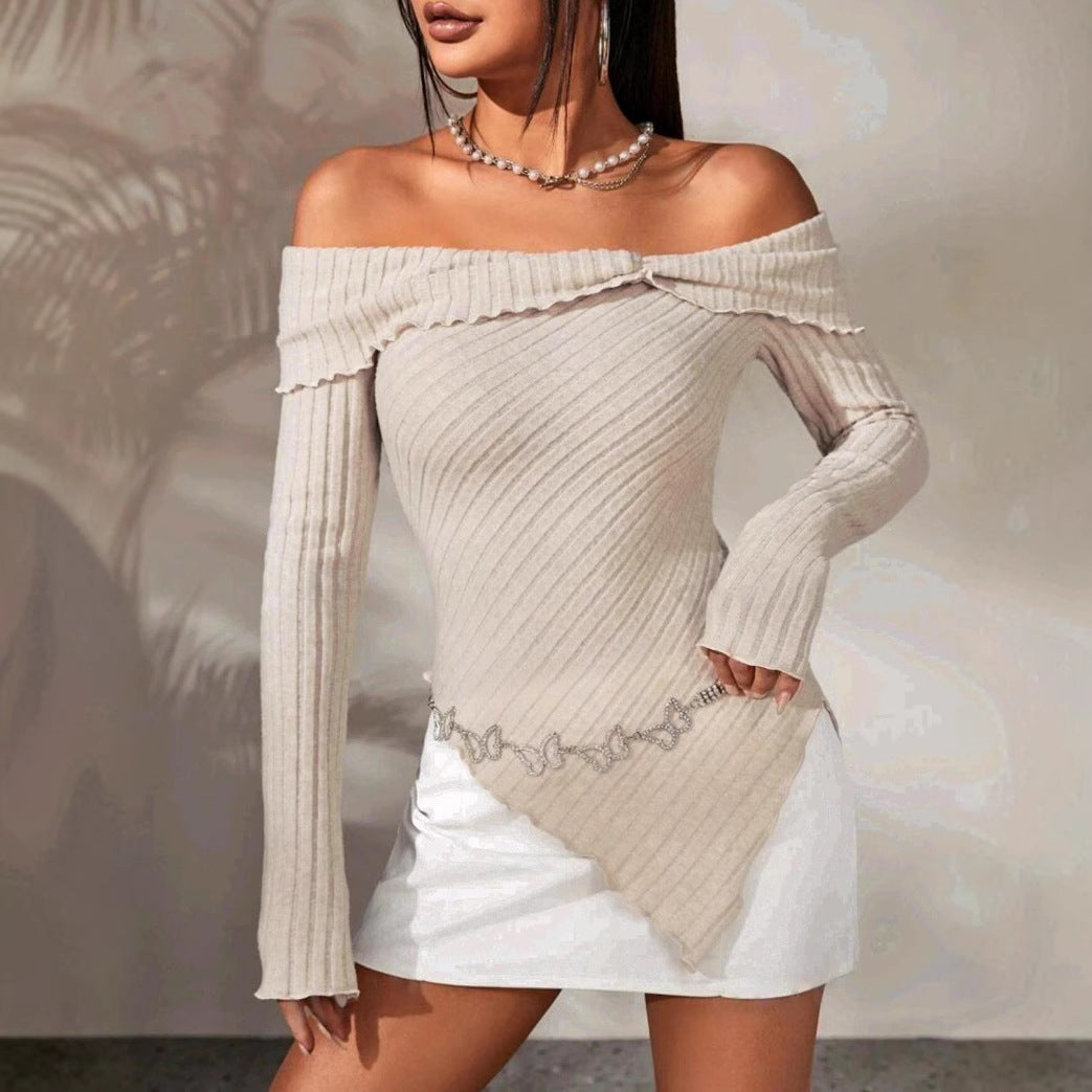 Dame Off-Shoulder Strikoverdel med ribstruktur og dekorativt bånd Stilla