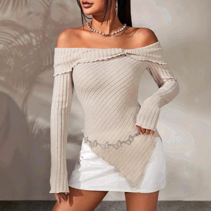 Dame Off-Shoulder Strikoverdel med ribstruktur og dekorativt bånd Stilla