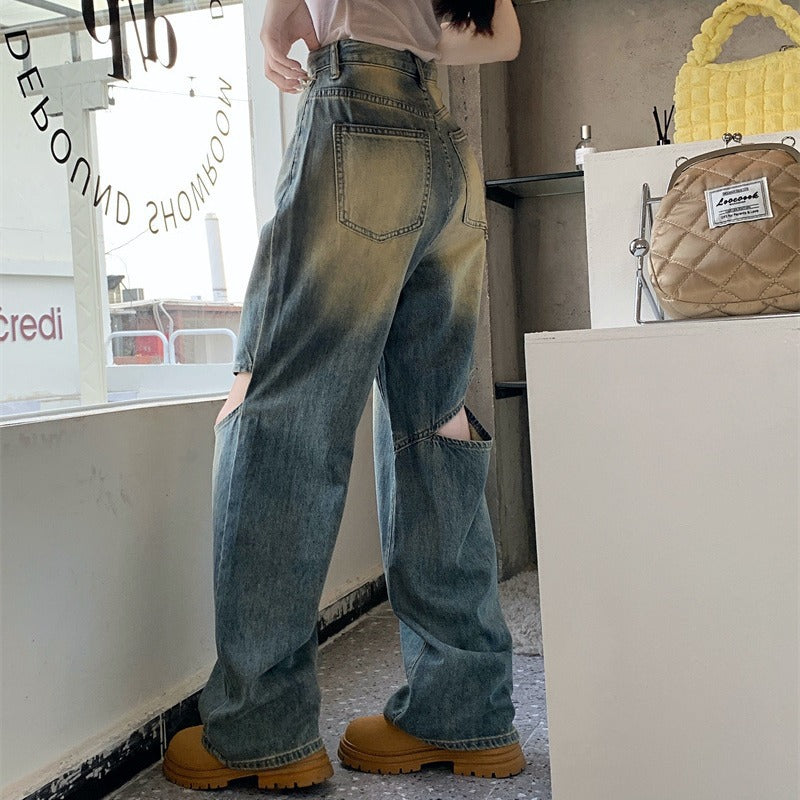 Damer Bred Denim Bukser med Asymmetrisk Knapper Stilla