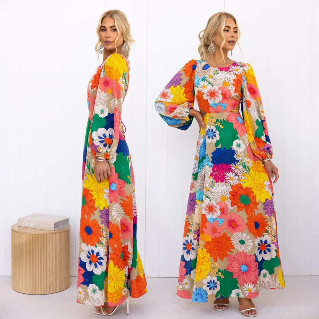 Kvinders blomster maxi kjole med voluminøse ærmer og blomsterprint over det hele Skovae