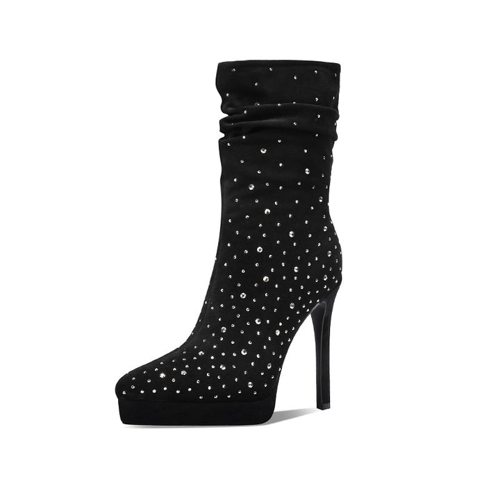 Femme Slouchy High-Heeled Rhinestone-belagte Støvler Stilla