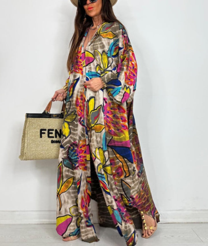 Dame Kaftan-stil Maxikjole med blomsterprint og løs pasform Stilla
