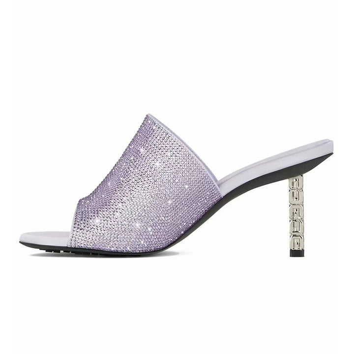 Femme Krystalbesatte Open-Toe Mules med skulpturel hæl Stilla