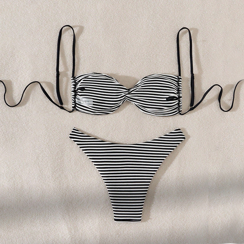 Dame Stribet Bikini Sæt med rynkning og justerbare stropper Stilla