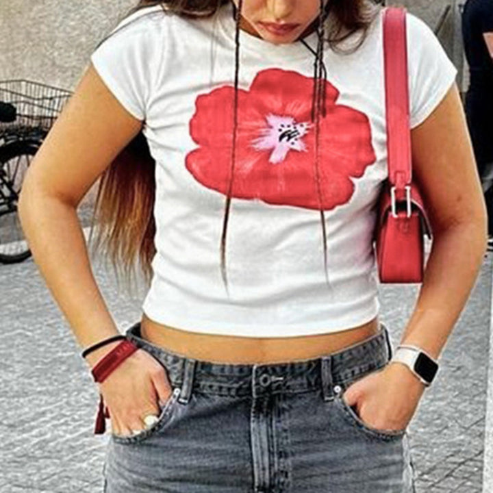 Dame Crop-T-Shirt med blomsterprint Skovae