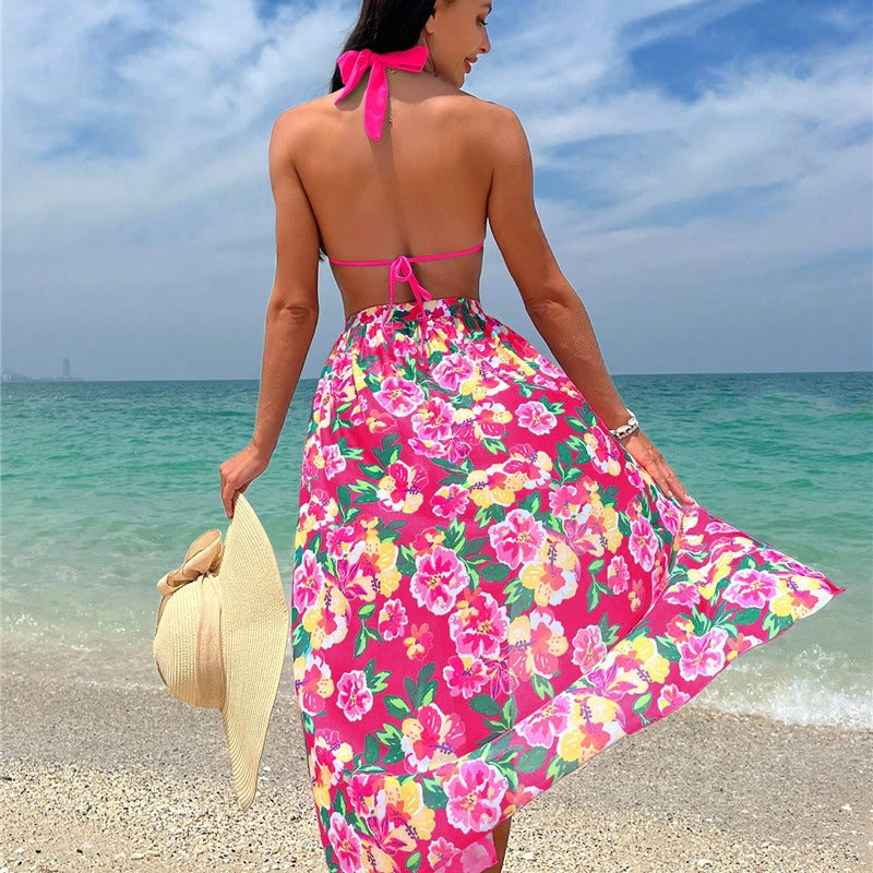 Dame bikini sæt med blomsterdesign og moderne gennemsigtig indpakningsnederdel Stilla