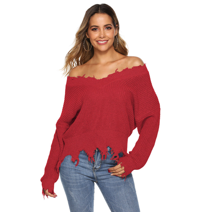 Dame grovstrikket pullover med V-hals og afslappet frynse-design Stilla