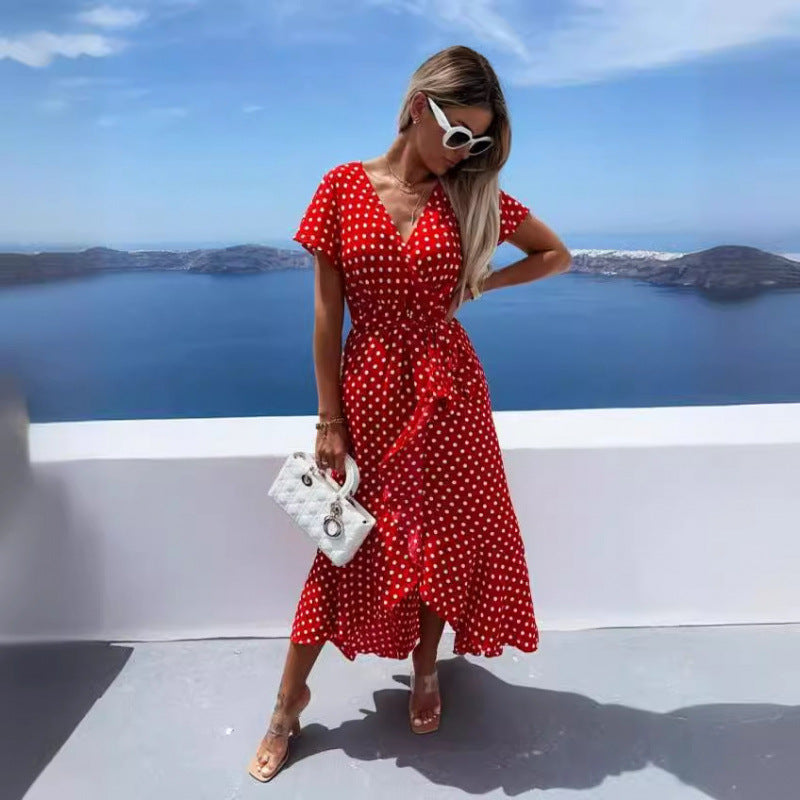 Dame Polka Dot Wrapping-Midi-Kjole med Bindebælte Stilla