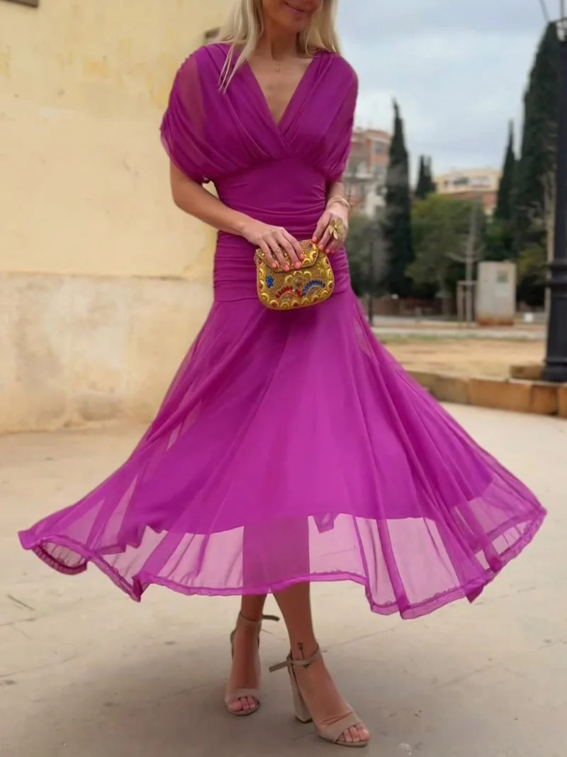 Dame nan flydende aftenkjole med gennemsigtigt chiffon-capelet, V-hals og taljeret drapering Skovae