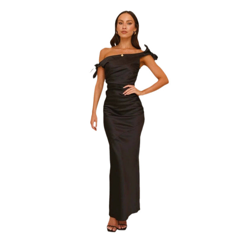 Dame Off-Shoulder Satin Aftenkjole med Sløjfedetalje Stilla