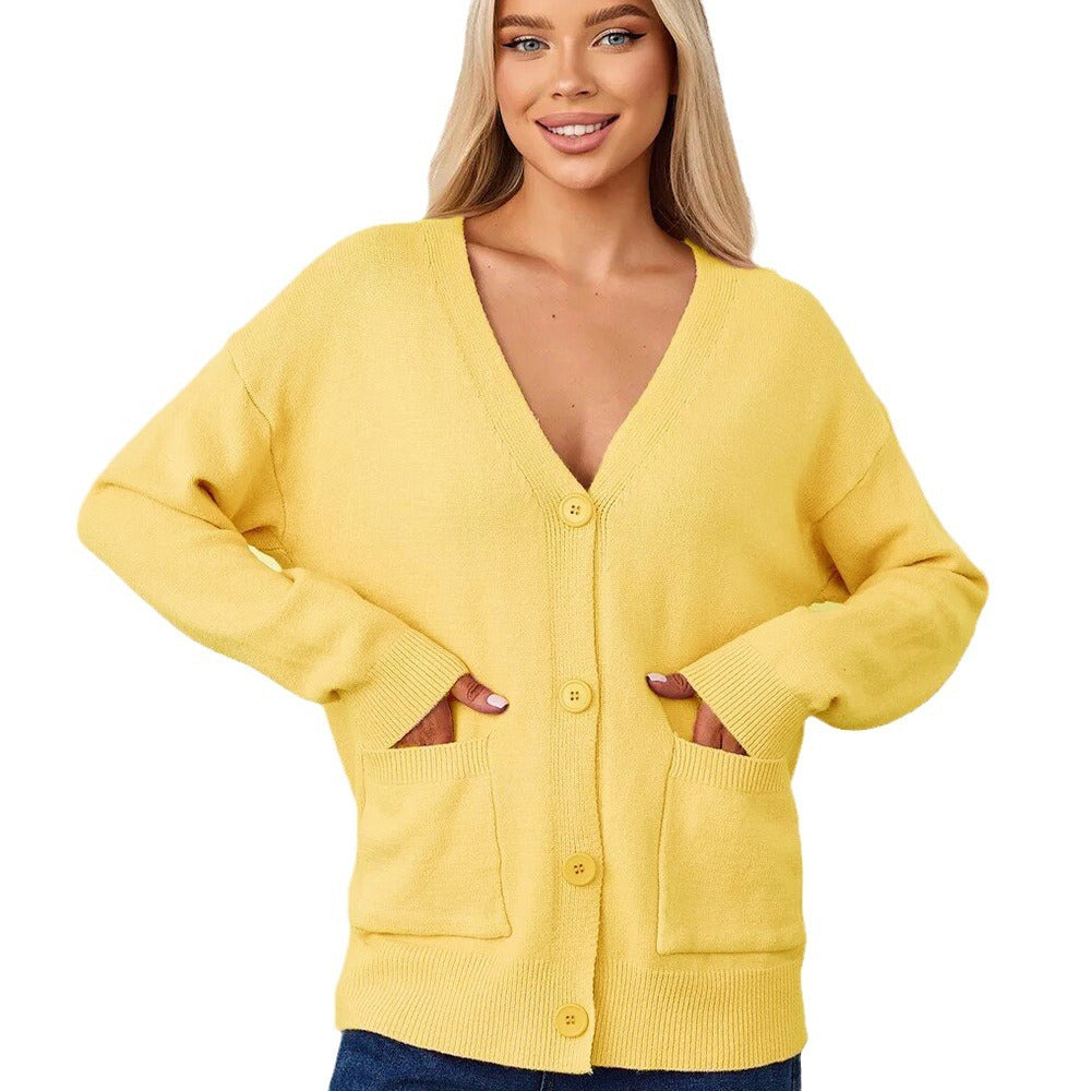 Dame Oversized V-Udskæring Knap-Cardigan med Lommer Stilla