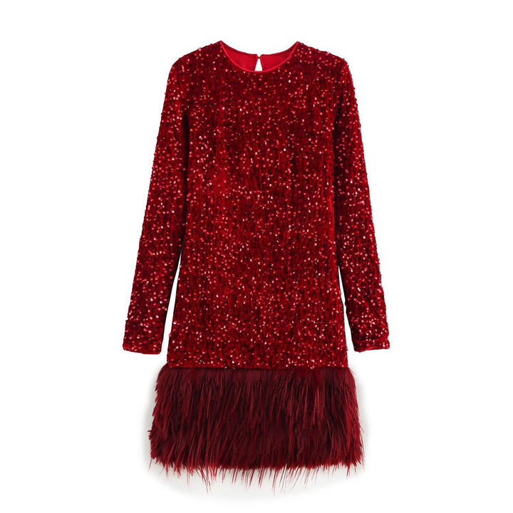 Femme Pailletter Langærmet Kjole med Fjer Afslutning Stilla