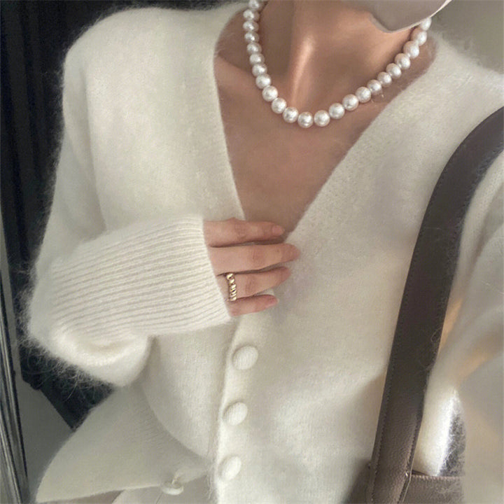 Kvinders mode cardigan med blødt mohair materiale og knaplukning Stilla