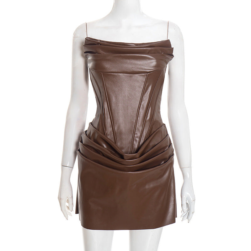 Damen Raffiniertes Minikleid aus hochwertigem Kunstleder mit drapierten Details Skovae