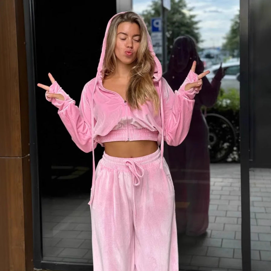 Kvinders sporty velour loungewear sæt med høj talje og lynlås Skovae