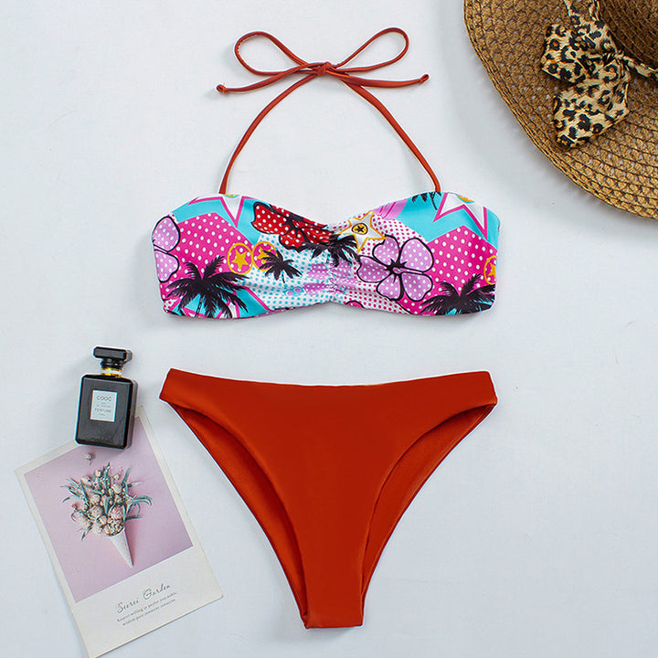 Dame bandeau-bikini med blomsterdesign og skridsikker design Skovae