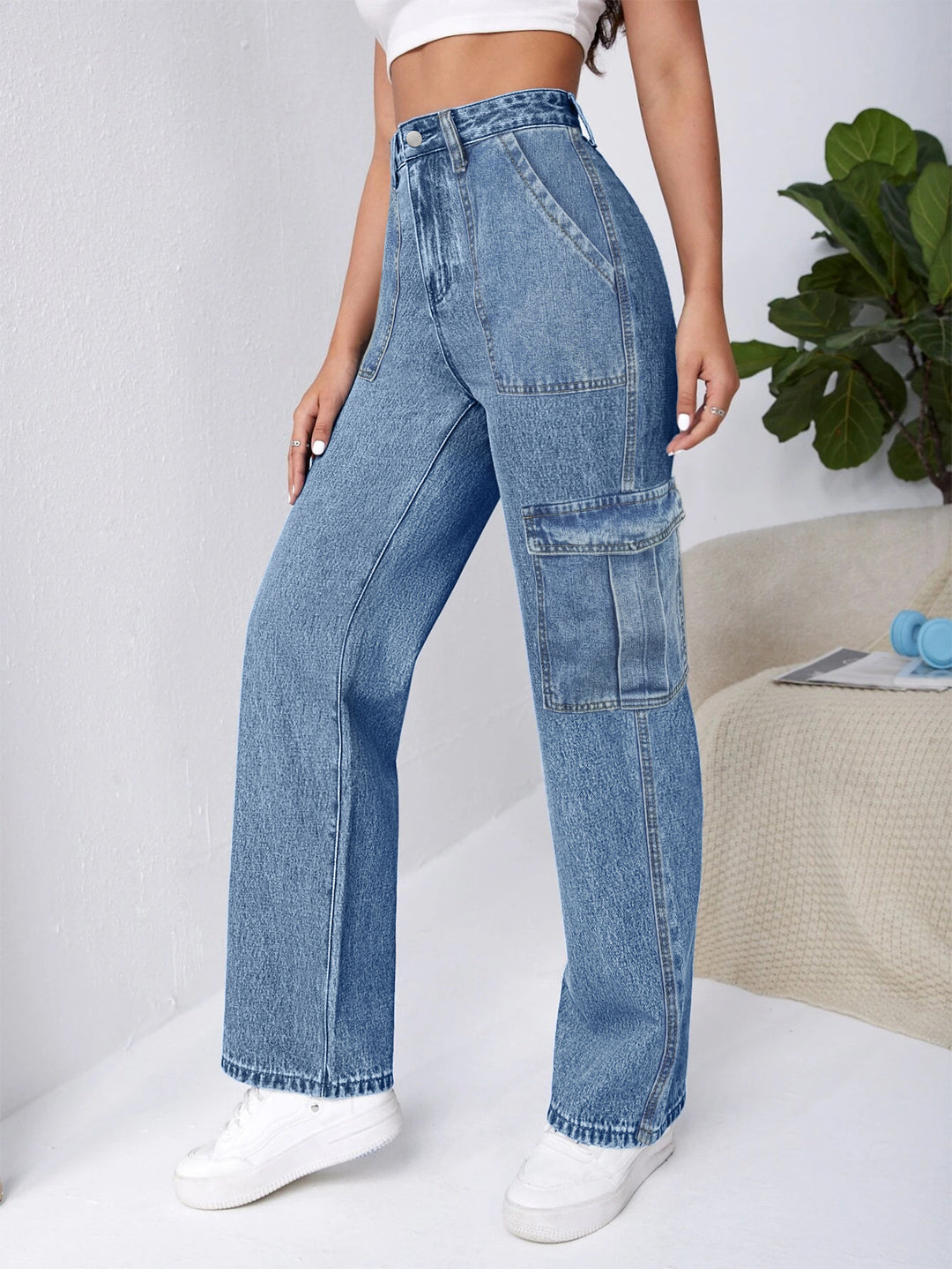 Dame Cargo-Jeans med høj talje og praktiske lommer Stilla