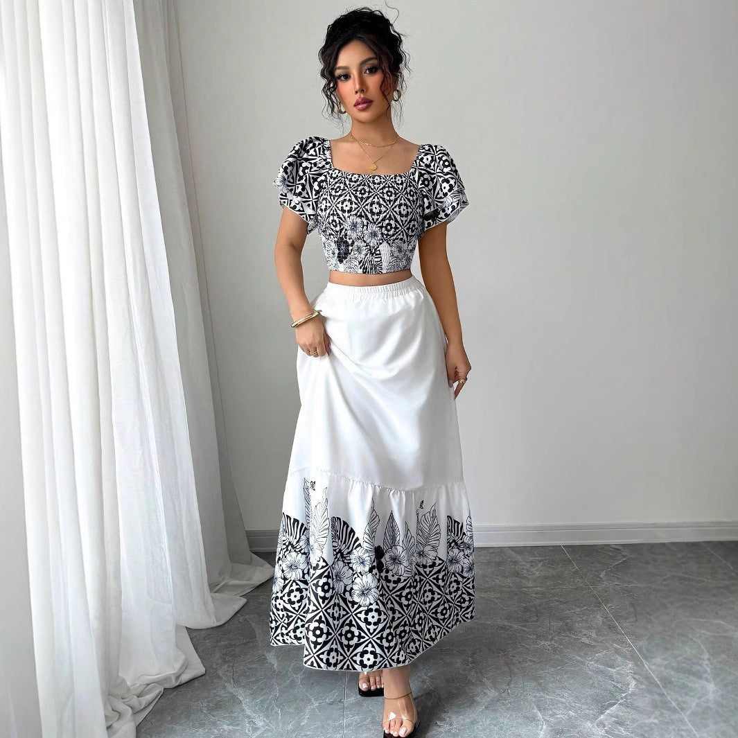 Dame Bohemian Trykt Crop Top og Maxi Skørt Sæt Stilla