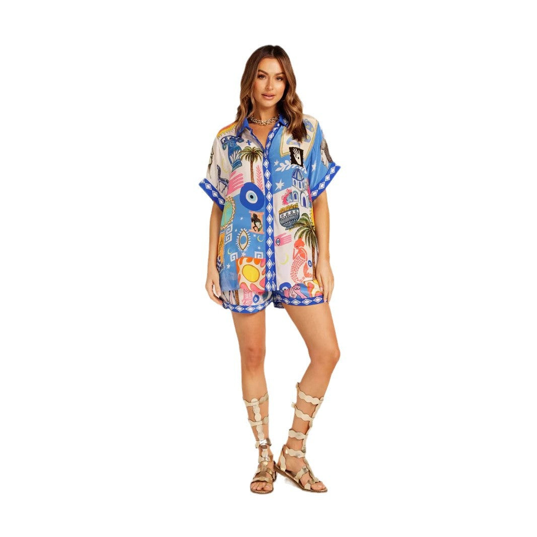 Women's set made of lightweight, printed short-sleeve shirt and shorts with colorful design Skovae
